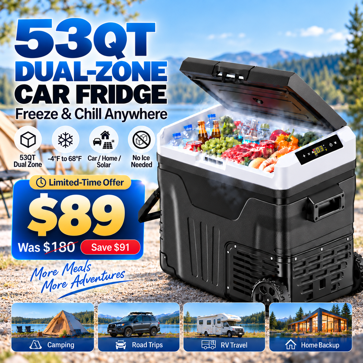 53QT 12V Portable Car Refrigerator – Dual Zone Fridge & Freezer