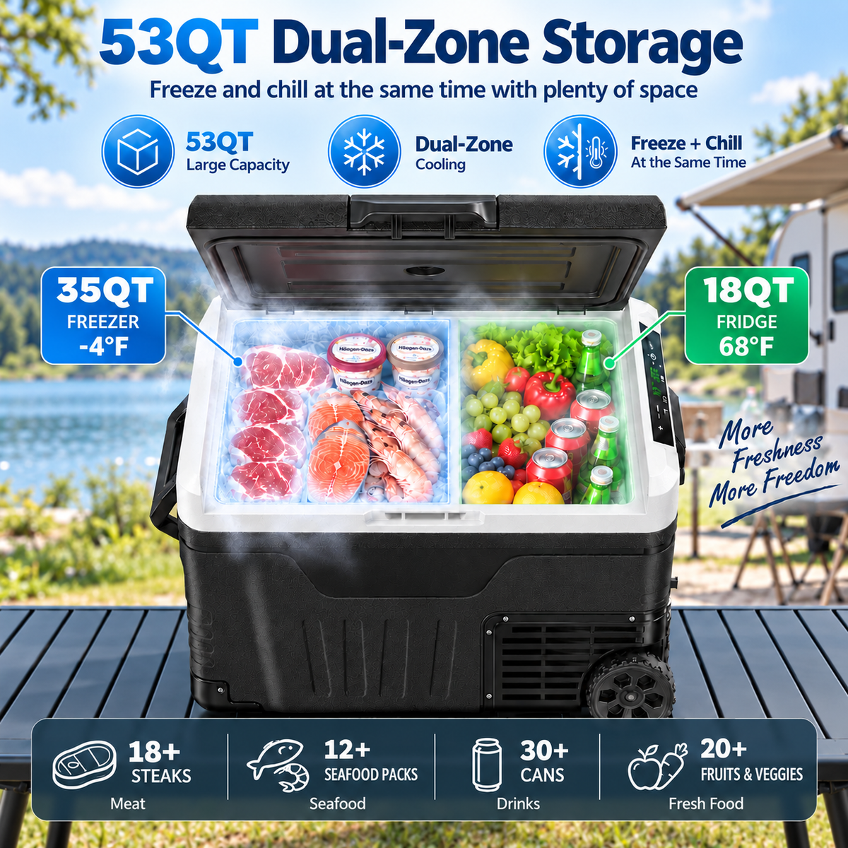 53QT 12V Portable Car Refrigerator – Dual Zone Fridge & Freezer