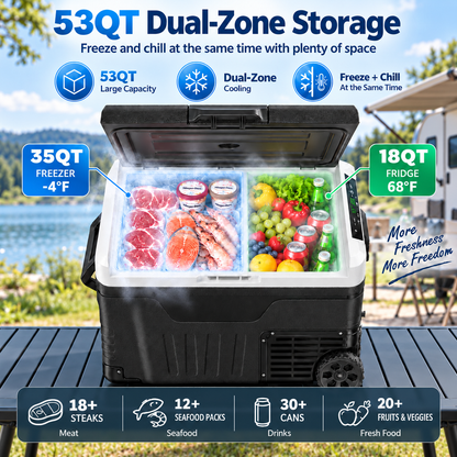 53QT 12V Portable Car Refrigerator – Dual Zone Fridge & Freezer